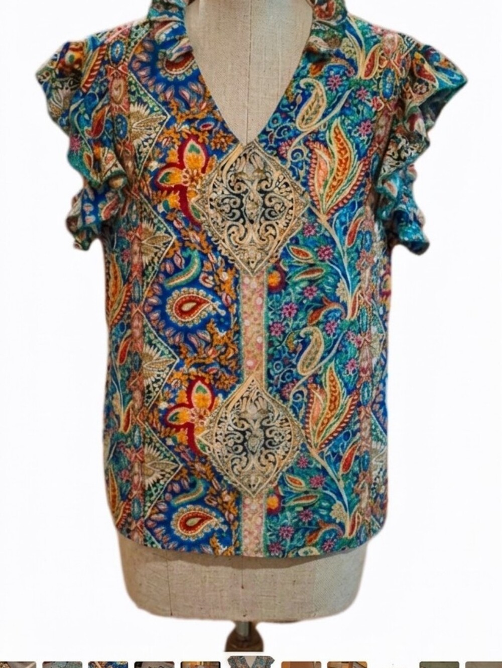 Women’s Paisley V-Neck Flutter Sleeve Top - Blue Multi